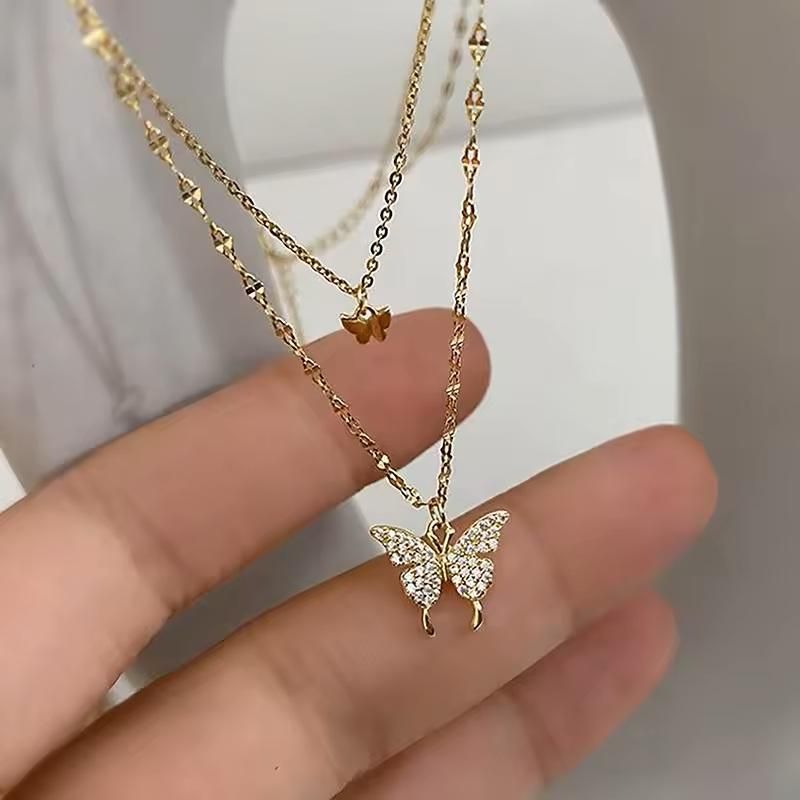 Clavicle Chain Necklace Jewelry Zircon Butterfly Pendant Necklace (Gold)