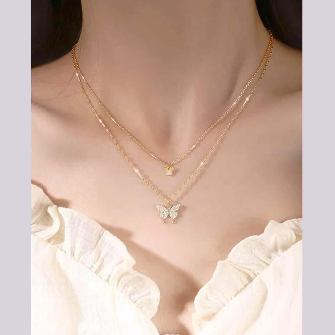 Clavicle Chain Necklace Jewelry Zircon Butterfly Pendant Necklace (Gold)